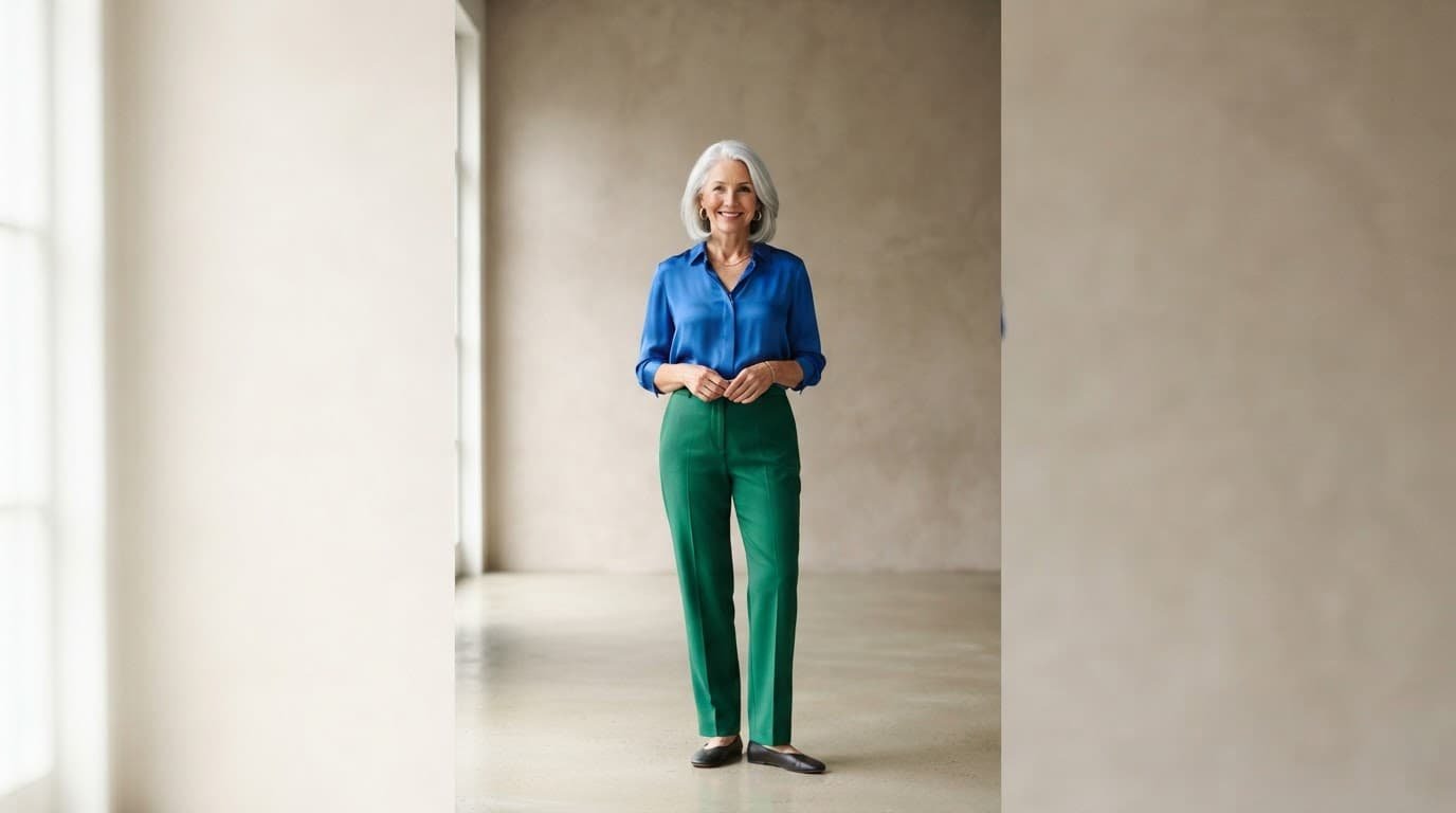 Mature woman wearing a blue blouse and green trousers in a studio.
